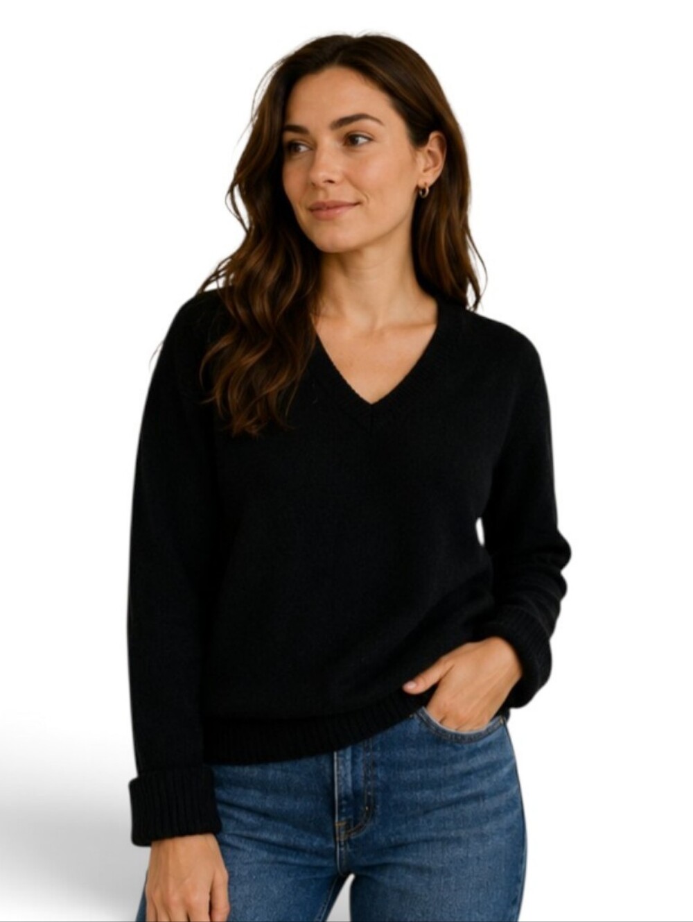 Vintage Barrie 100% Cashmere V Neck Sweater Black Scotland Sz 46 Women's L